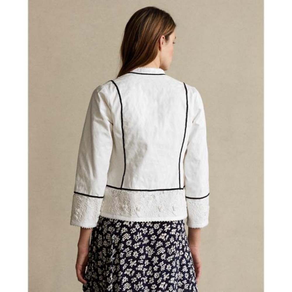 POLO RALPH LAUREN COTTON TWILL LACE JACKET WHITE BLACK WOMENS SIZE XS NEW - Picture 7 of 8